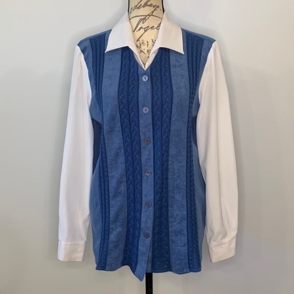 CANDA twofer mixed media faux suede cable button front shirt see measurements